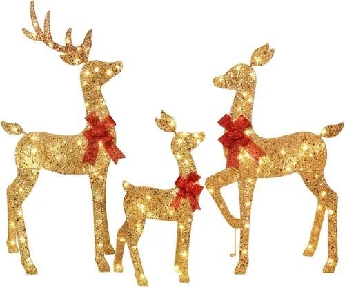 Miniatura 10 de 2 piezas de ciervos de Navidad grandes iluminados, decoración de patio de HOYECHI al aire libre, reno de ratán con 85 luces LED, estacas, lazos