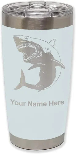 Miniatura 9 de LaserGram Vaso aislado al vacío de 20 onzas, gran tiburón blanco, grabado personalizado incluido (negro)