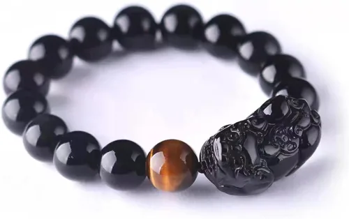 Miniatura 35 de Pulsera de obsidiana negra, pulsera de obsidiana negra Feng Shui para mujeres y hombres, pulsera elástica de obsidiana con piedra de ojo de tigre