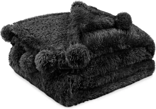 Miniatura 7 de PAVILIA Manta de sherpa negra para sofá, cálida manta de felpa con pompones, manta mullida para sofá, ligera, suave y acogedora con pompones, 50 x