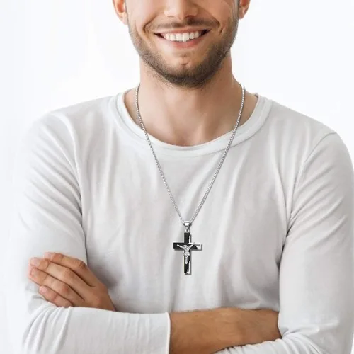 Miniatura 3 de YL Collar de cruz de acero inoxidable con colgante de crucifijo para hombre cadena Rolo de Jesucristo joyería de oración del Señor