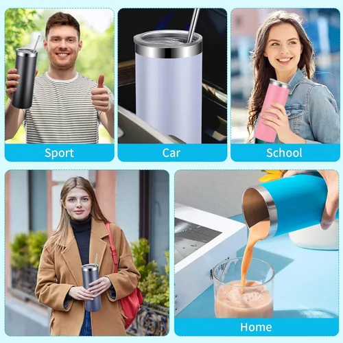 Miniatura 7 de Remagr Vasos delgados a granel de 20 oz de acero inoxidable con tapas y popotes, vasos delgados aislados de doble capa para agua en color claro