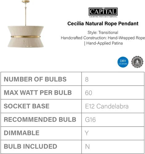Miniatura 4 de Capital Lighting 341211NP Cecilia - Lámpara colgante cónica de cuerda natural blanqueada de transición Art Deco Luxe envuelta a mano, 1 luz de 100