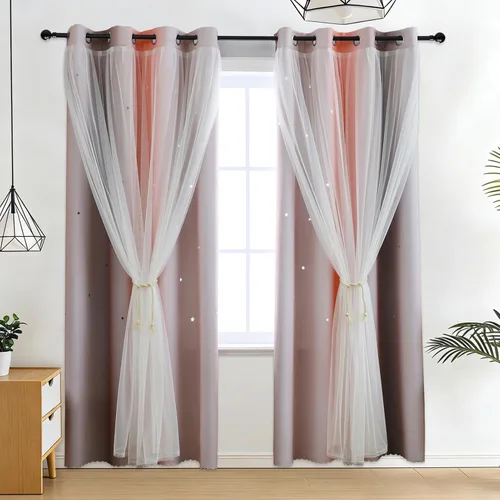 Miniatura 12 de Anytime - Cortinas románticas para niños, cortina de ventana con estrellas recortadas, cortinas opacas de doble capa para dormitorio de niñas, Azul