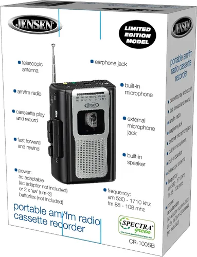 Miniatura 8 de Jensen CR-100 - Radio AM/FM portátil retro, reproductor de cassette personal, diseño compacto y ligero, estéreo de radio AM/FM, reproductor