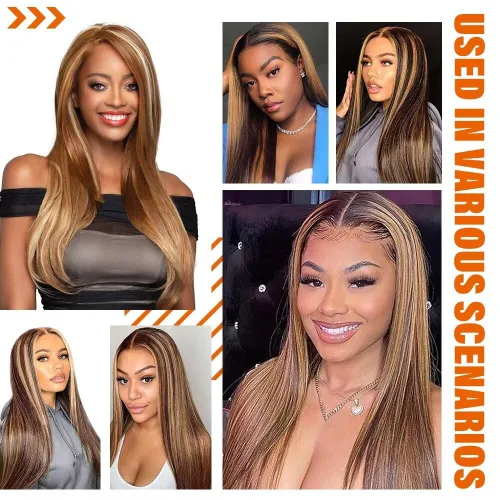 Miniatura 6 de TTSMINS 13x6 Pelucas de encaje frontal degradado para mujeres de cabello humano, densidad 180, color 4/27, resaltado, HD, transparente, 20 pulgadas
