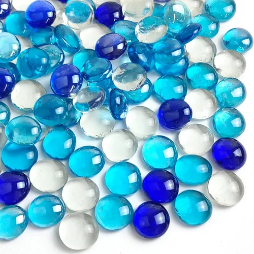 FANTIAN Canicas de vidrio plano de 1 libra para jarrón, 100 piezas de guijarros de vidrio de color azul mezclado. Rocas de vidrio para rellenos de
