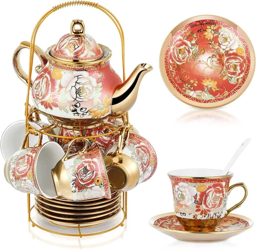 Miniatura 20 de Zhehao Juego de té de porcelana de 20 piezas con soporte de metal y cuchara para adultos, juego de té de cerámica para adultos, pintura de flores