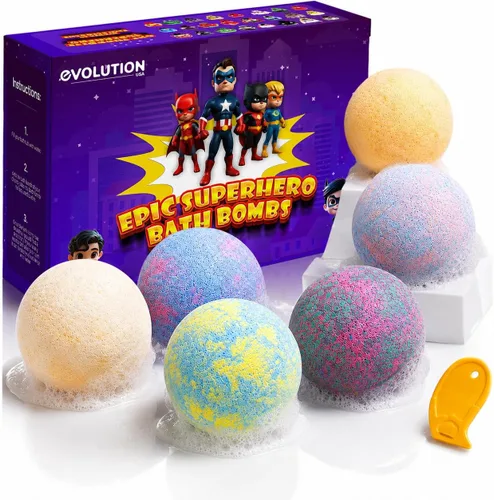 Miniatura 20 de EvolutionUSA Bombas de baño épicas negras de superhéroes para niños, 6 bombas de baño de superhéroes con juguete en el interior, bombas de baño