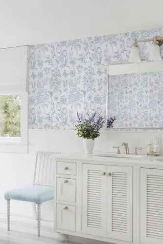 Miniatura 8 de CiCiwind Papel tapiz floral despegar y pegar, papel de contacto azul y blanco, bohemio moderno autoadhesivo removible para baño dormitorio