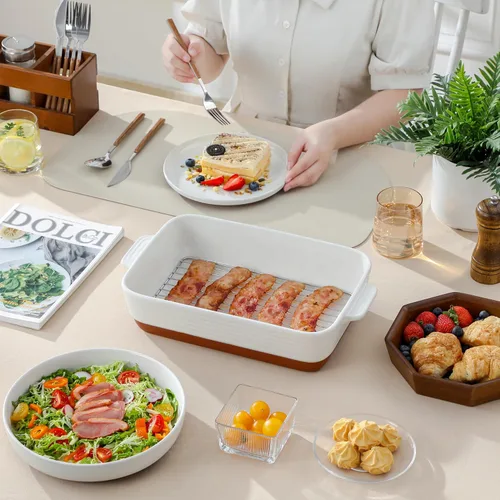 Miniatura 9 de MALACASA Juego de 3 platos de cacerola para horno con parrillas para asar, juego de platos de cerámica para hornear, juego de platos para hornear
