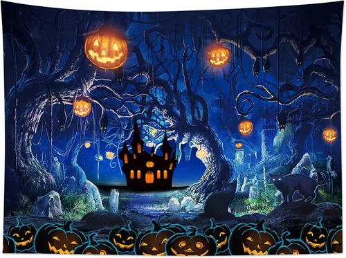 Miniatura 12 de EOBTAIN Scary Halloween Tapestry Gothic Black Crow Skull in Horror Graveyard Tapestry Wall Hanging Spooky Raven under Misty Full Moon Night Wall Art