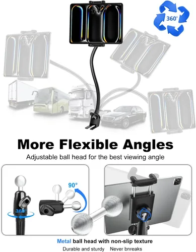 Miniatura 6 de Soporte para tablet para asiento de coche o camión, soporte largo de 19.7 pulgadas, brazo de cuello de cisne resistente para iPad Pro 12.9 Air Mini