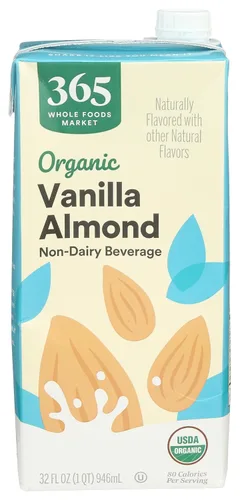 365 by Whole Foods Market, Leche orgánica de almendras de vainilla, vegana, baja en grasa, 32 onzas líquidas