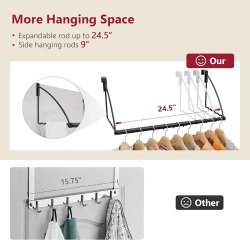Miniatura 3 de Tajsoon Percha para colgar sobre la puerta extensible y ajustable, percha para colgar ropa sobre la puerta para toallas y abrigos, ganchos para Negro