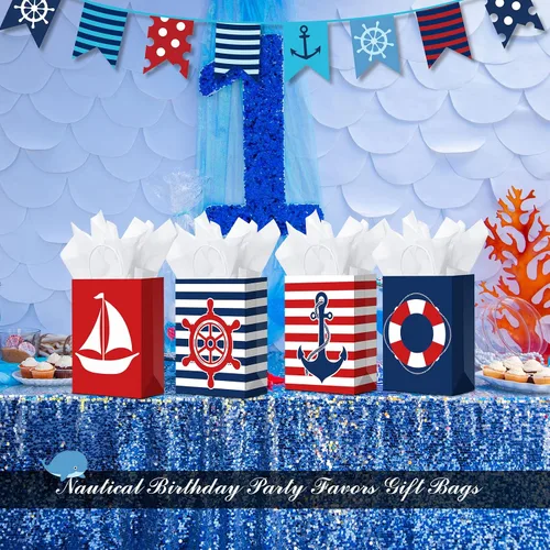 Miniatura 6 de Sepamoon Paquete de 16 bolsas de regalo náuticas, bolsas de papel para fiestas náuticas y papel de seda con asas, anclajes marinos, golosinas