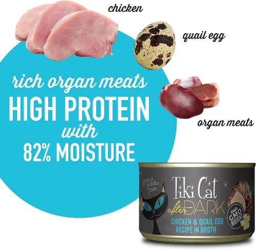 Miniatura 4 de Tiki Cat After Dark, huevo de pollo y codorniz, alto contenido en proteínas y 100% ingredientes no transgénicos, alimento húmedo para gatos adultos