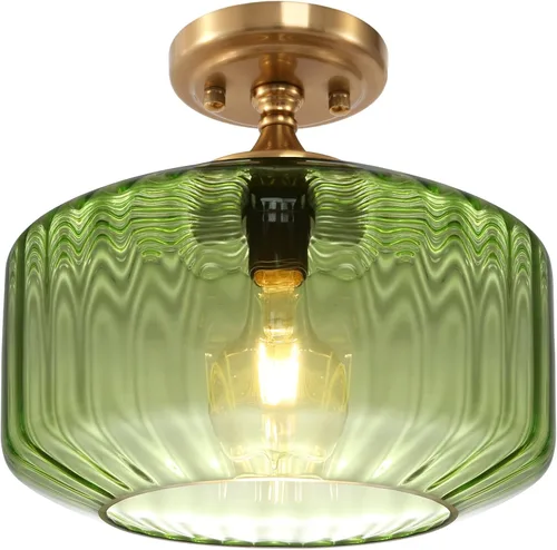 Lámpara de Techo Verde Semiempotrada Vintage de Latón Antiguo Luz Empotrada Superior de Cristal Dorado Candelabro para Casa de Campo Armario Entrada
