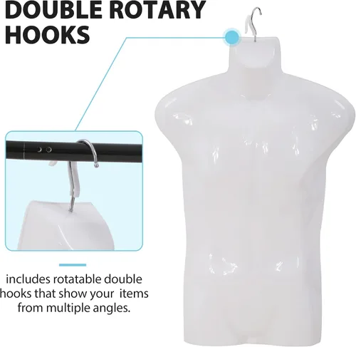 Miniatura 2 de Juego de 4 cuerpos de maniquí masculino, torso de maniquí colgante de 30 pulgadas de altura con gancho, forma de medio vestido de plástico