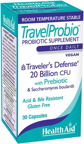 HealthAid TravelProbio - Probiótico de 20 mil millones de UFC – Saccharomyces boulardii + Prebiótico (FOS), resistente a ácidos y bilis – Vegano una