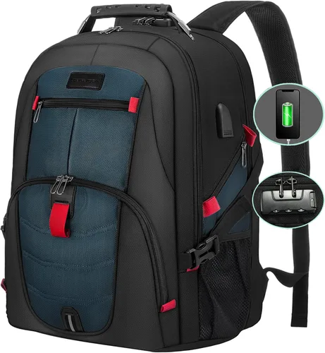 Miniatura 22 de LOVEVOOK Mochila grande de viaje y para laptop, impermeable, antirrobo, con cerradura y puerto de carga USB, para negocios, hombres, mujeres, Negro