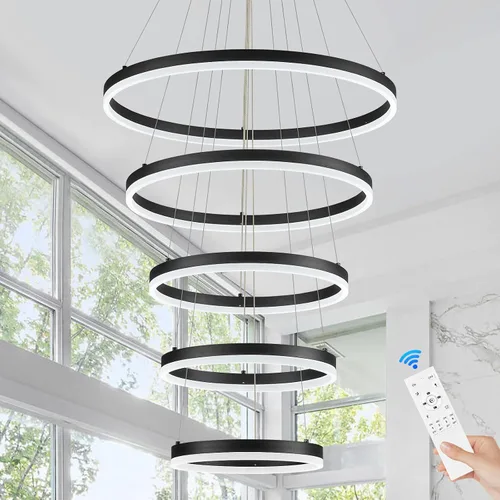 Miniatura 14 de Benkut Lámpara colgante LED moderna D24 pulgadas, color negro dorado, lámpara LED circular regulable, 1 anillo con control remoto, luz colgante