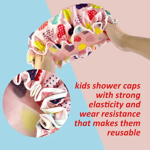 Miniatura 4 de Gorro de ducha para niños, paquete de 3 gorros de ducha grandes, reutilizables, de doble capa, impermeables, de plástico lavable, gorro de ducha