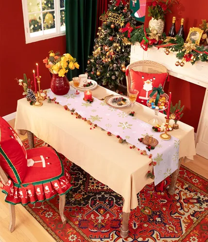 Miniatura 3 de Camino de mesa de copo de nieve rosa rubor, lino de algodón, bufandas de tocador de vacaciones de 36 pulgadas, diseño romántico de feliz Navidad
