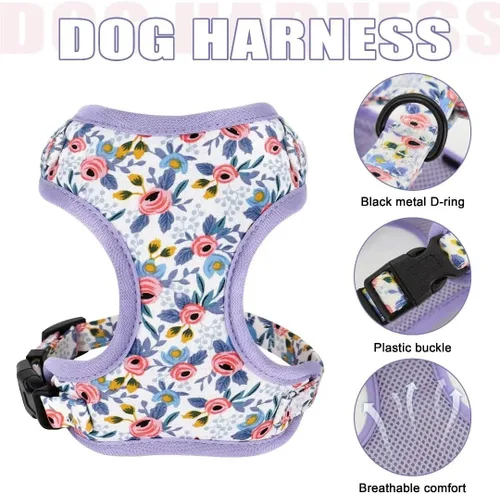 Miniatura 2 de Beirui Lindo juego de collares, arneses y correas para perro hembra, juego de collar y correa ajustable con flor - Arnés de malla suave para Azul