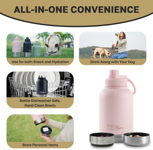 Miniatura 4 de Botella de agua de viaje 3 en 1 de 32 onzas para perros y seres humanos, doble uso, acero inoxidable, mantiene el agua caliente 6 horas/fría 12