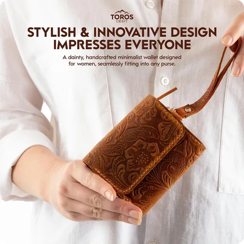 Miniatura 2 de Toros Craft Handmade Leather Wallets for Women, Western Wristlet Wallets, Floral Leather Small Credit Card Holder with Zipper, Minimalist & Cute