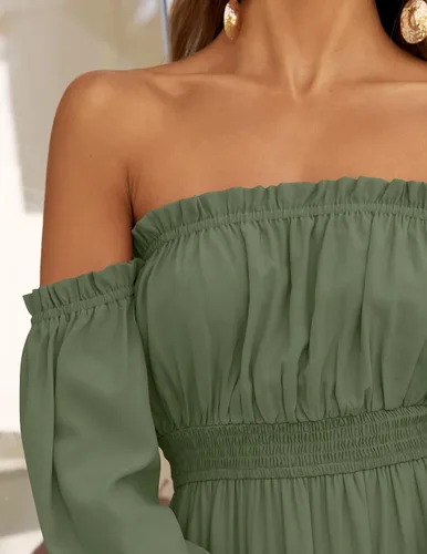 Miniatura 77 de ZESICA - Vestido largo, bohemio y sexy, con hombros descubiertos y manga larga fruncida, con elástico fruncido, cintura alta y abertura lateral