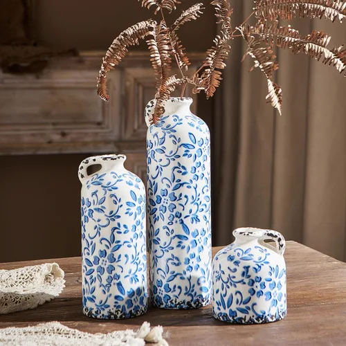 Juego de 3 jarrones de cerámica, jarrones vintage azul y blanco, jarrones florales chinoiserie, jarrones de cerámica rústicos para decoración del