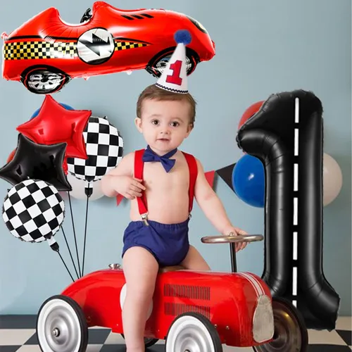 Miniatura 5 de Decoraciones de cumpleaños de carreras de 1 año, globos rojos grandes de coche de carreras de 40 pulgadas, globo negro número 1, globo a cuadros