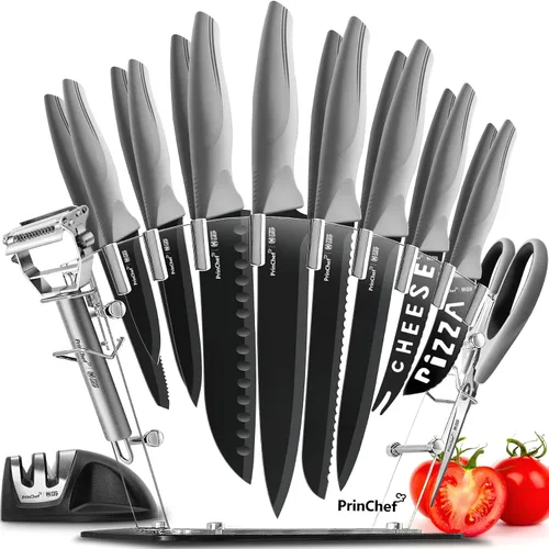 PrinChef Juego de cuchillos, 19 cuchillos a prueba de óxido para cocina, con soporte acrílico, afilador, tijeras y pelador, juego de cuchillos de