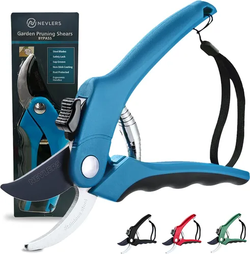 Miniatura 10 de Nevlers Tijeras de podar de yunque azul de 8 pulgadas resistentes Podadoras de mano para jardinería con cuchillas de acero, bloqueo de seguridad