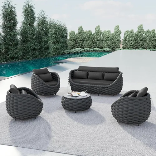 Miniatura 23 de Juego de muebles de patio de cuerda de 4 piezas: conjunto de sofás al aire libre de aluminio acolchado - sofá de conversación moderno ensamblado