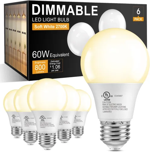 Miniatura 14 de TJOY Bombillas LED regulables A19, bombillas LED E26 equivalentes a 60 vatios, blanco suave cálido 2700K, base estándar de 800 lúmenes, bombillas