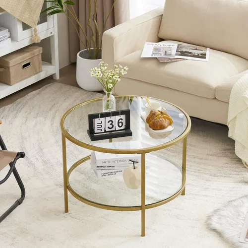 Miniatura 9 de VINGLI Mesa de Centro de Cristal, Mesa de Centro Redonda de 25.6" Dorado Champán para Sala de Estar, Mesa de Centro de Cristal de 2 Niveles con Oro