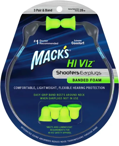 Mack's Hi Viz Tapones para los oídos de espuma con bandas, 3 pares con banda, color más visible, controles de fácil cumplimiento, 28 dB de alto NRR