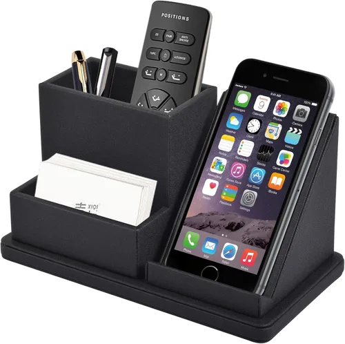 Organizador de escritorio de piel sintética para bolígrafos/lápices, caja de almacenamiento multifunción para teléfono celular/control remoto con 3