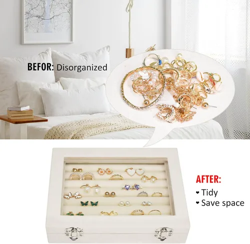 Miniatura 5 de Bandeja organizadora de anillos, 7 ranuras, caja de almacenamiento de joyas de terciopelo para aretes con tapa transparente, estuche de exhibición