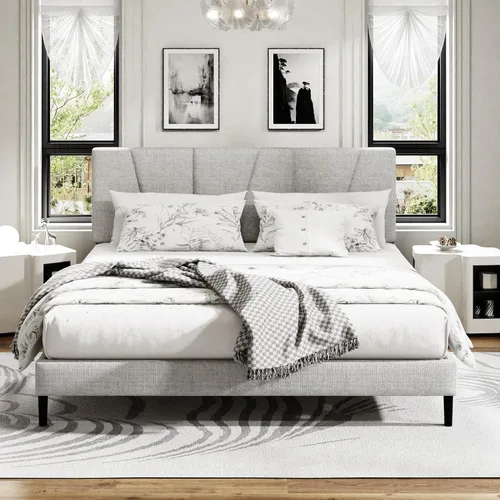 Sismplly - Base de cama plataforma tamaño Queen con cabecero tapizado, soporte de listones de madera, sin ruido, no necesita somier, fácil montaje,