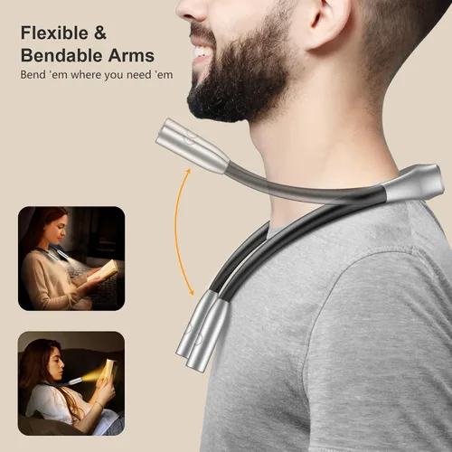 Miniatura 4 de Gritin - Luz de lectura para el cuello LED, luz de libro para leer en la cama - Cuidado de los ojos, 3 colores, brillo ajustable, brazos flexibles