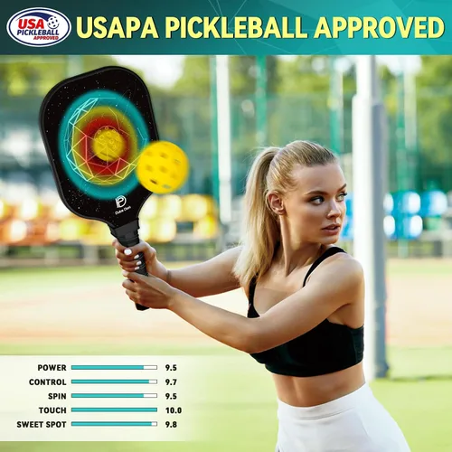 Miniatura 3 de Dulce DOM Juego de 2/4 palas de pickleball aprobadas por USAPA, 4 bolas de pickleball para interiores y exteriores, raqueta de superficie de fibra
