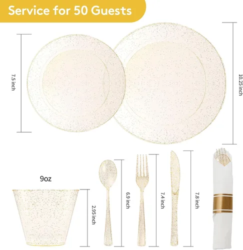 Miniatura 4 de Goodluck Juego de 350 piezas de vajilla de plástico dorado con purpurina para 50 invitados, platos desechables para fiesta, incluye: 50 platos