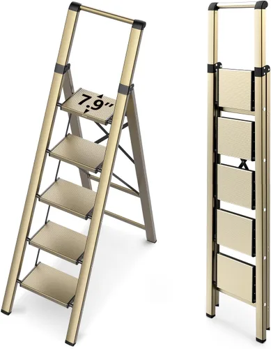 Miniatura 12 de WOA WOA Escalera de 6 peldaños, escaleras plegables ligeras con peldaños anchos, escalera delgada para espacios estrechos, escalera alta para techos