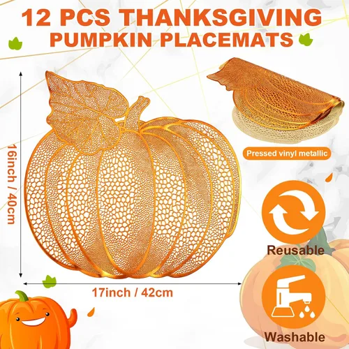 Miniatura 2 de Sliner Paquete de 12 manteles individuales de calabaza de Acción de Gracias de 17 x 16 pulgadas, de vinilo metálico prensado para otoño, decoración
