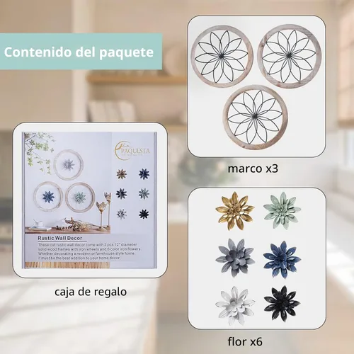 Miniatura 3 de Paquesta Decoración de Pared de Granja Redonda de 3 Piezas con 6 Flores Intercambiables de 12'' Medallón de Madera y Metal Arte de Pared Rústico