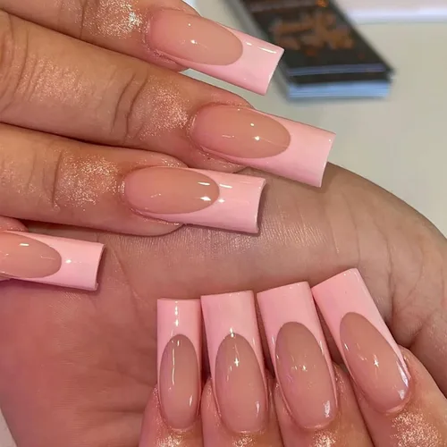 Miniatura 16 de 24 uñas postizas a presión de punta francesa negra, uñas postizas largas cuadradas, color rosa, cobertura completa, con diamantes de imitación, L1.